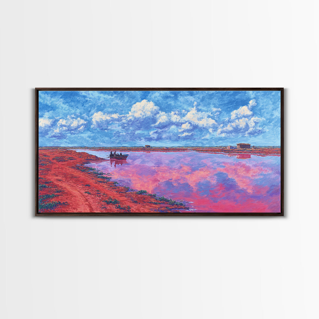 Pink Salt Lake Boats Wall Art, African Landscape Painting, Coastal Travel Poster, Blue Sky Canvas Decor, Living Room Gift