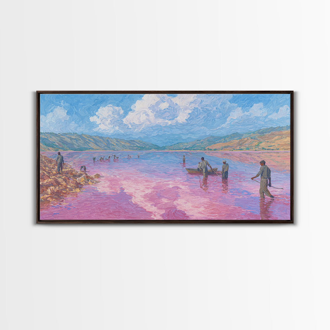Pastel Salt Lake Workers Canvas Print, African Landscape Wall Decor, Pink Water Painting, Mountain Travel Art Gift, Living Room Decor