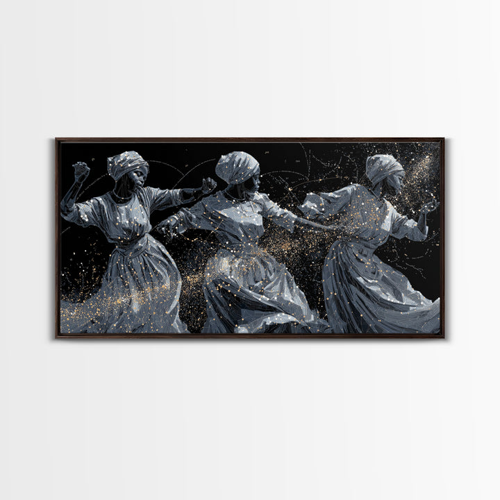 Three Dancing African Women Wall Art, Black And Gold Figurative Painting, Afrocentric Home Decor, Cultural Canvas Gift For Her