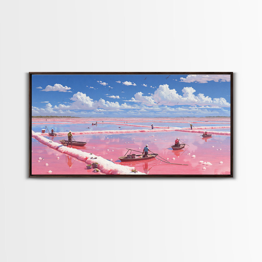 Pink Salt Flats With Boats Wall Art, African Coastal Landscape, Flamingo Lake Painting, Large Canvas Decor, Travel Home Gift