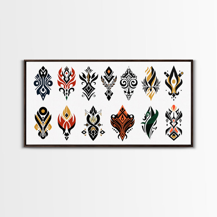 Colorful African Tribal Symbols Canvas Print, Ankara Pattern Wall Art, Ethnic Motif Poster, Modern Afrocentric Decor Gift