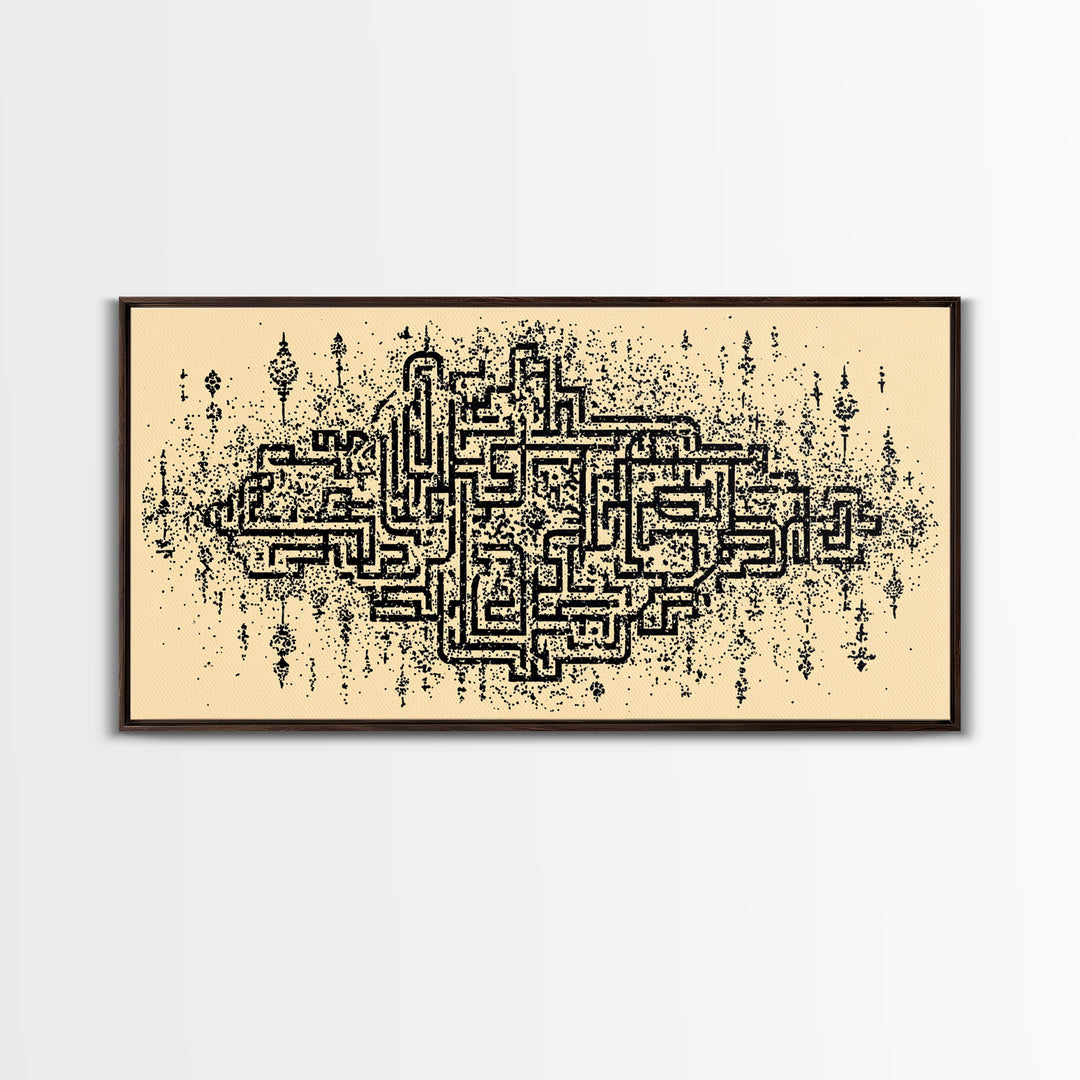 Ancient Maze Pattern Wall Art, Abstract African Textile Inspired Print, Beige Black Geometric Decor, Cultural Canvas Gift