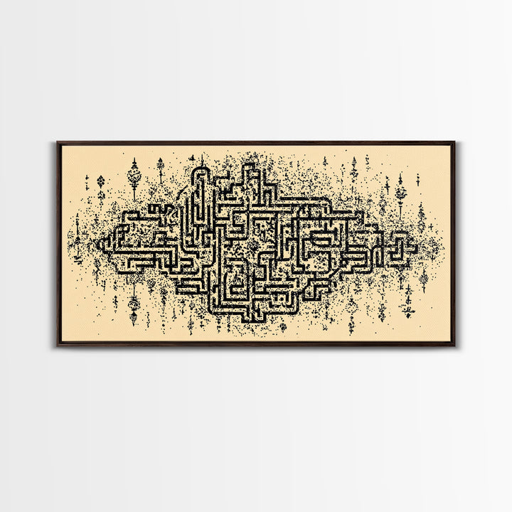 Ancient Maze Pattern Wall Art, Abstract African Textile Inspired Print, Beige Black Geometric Decor, Cultural Canvas Gift