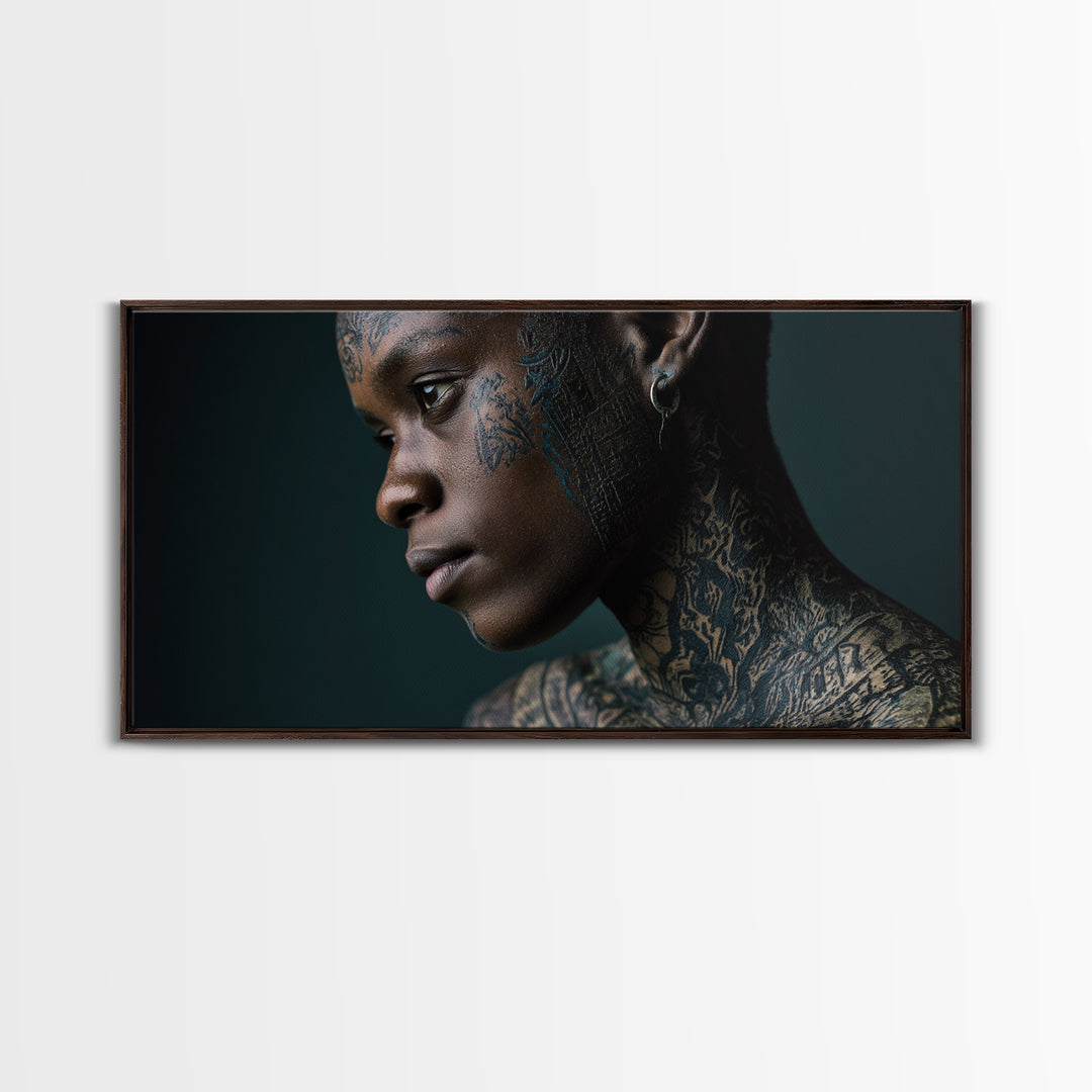 Tattooed Black Woman Portrait Framed Canvas Print, African Beauty Wall Art, Dramatic Profile Photography, Melanin Decor Gift