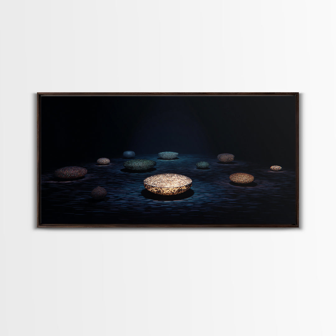 Glowing Beaded Bowls Wall Art, Abstract African Night Water Scene, Luxury Dark Canvas Decor, Modern Gallery Gift For Living Room