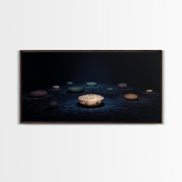 Glowing Beaded Bowls Wall Art, Abstract African Night Water Scene, Luxury Dark Canvas Decor, Modern Gallery Gift For Living Room