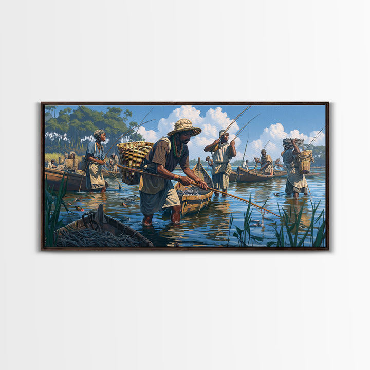 Traditional African Fishermen In River Boats Canvas Print, African Culture Art, Fishing Village, Safari Decor, Living Room Decor