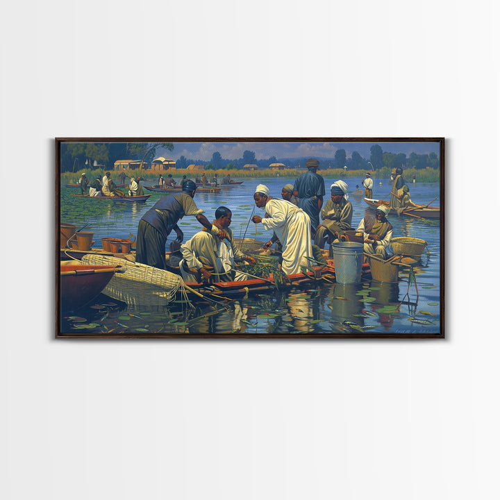 African Floating Market Fishermen On Lake Canvas Print, Traditional African Painting, Cultural Wall Decor, Village Home Decor