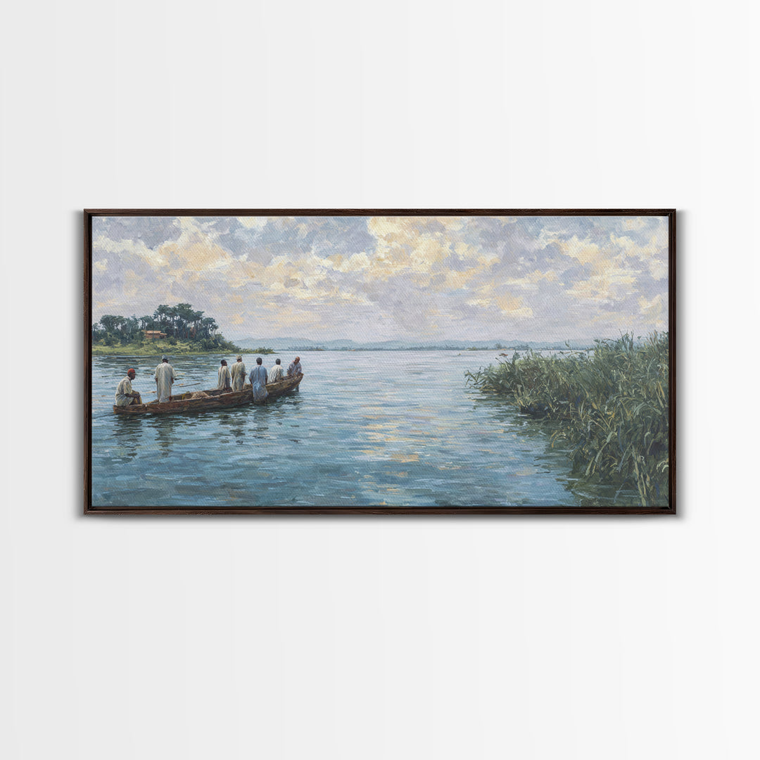 Serene African River Canoe Landscape Framed Canvas Print, Impressionist Nature Scene Art, Blue Wall Decor, Living Room Gift