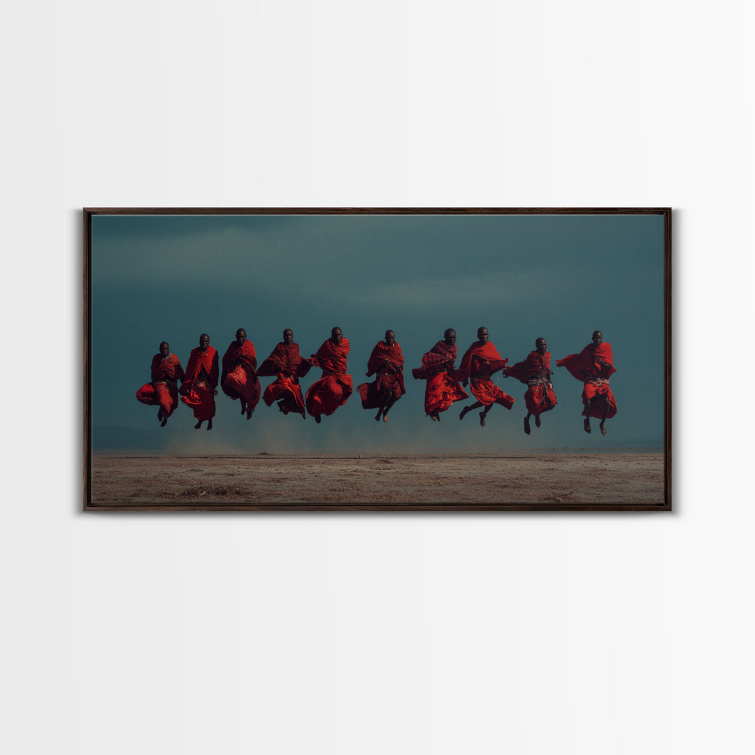 Leaping Maasai Warriors Under Storm Sky Canvas Print, African Warrior Art, Tribal Wall Decor, Red Safari Statement Piece