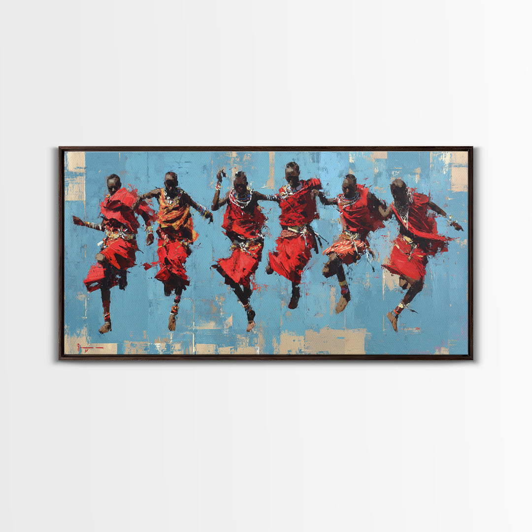 Red Maasai Jumping Dancers Canvas Print, African Wall Art, African Warrior Art, Cultural Home Decor, Safari Decor Gift Art