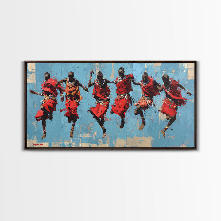 Red Maasai Jumping Dancers Canvas Print, African Wall Art, African Warrior Art, Cultural Home Decor, Safari Decor Gift Art