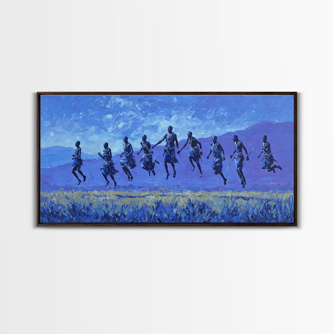 Blue Savanna Jumping Figures Wall Art, African Landscape, Modern African Art, Safari Art, Living Room Decor Canvas Print