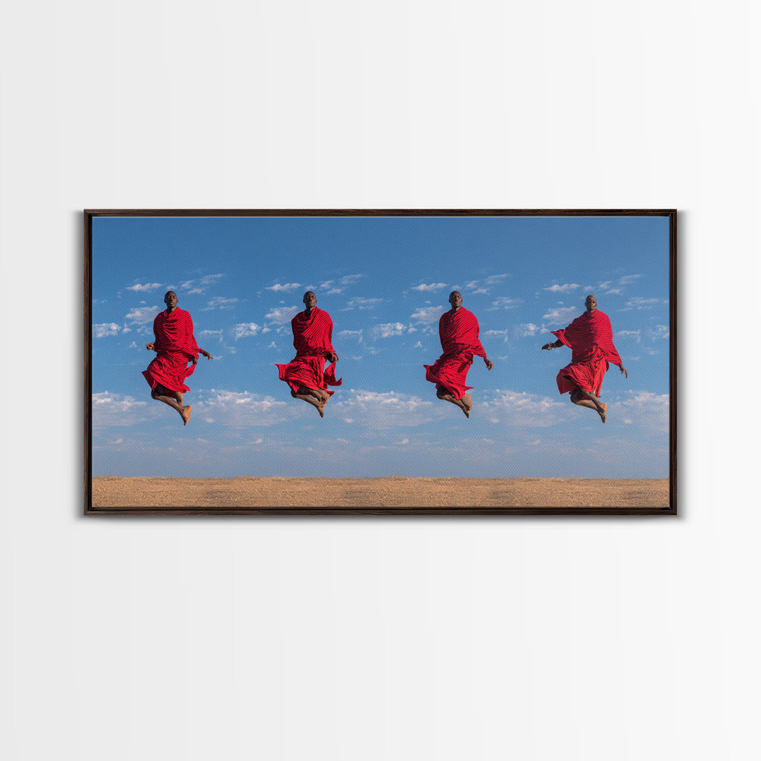 Red Maasai Warriors Jumping Canvas Print, African Safari Art, African Warrior Art, Kenya Print, Statement Wall Decor Gift