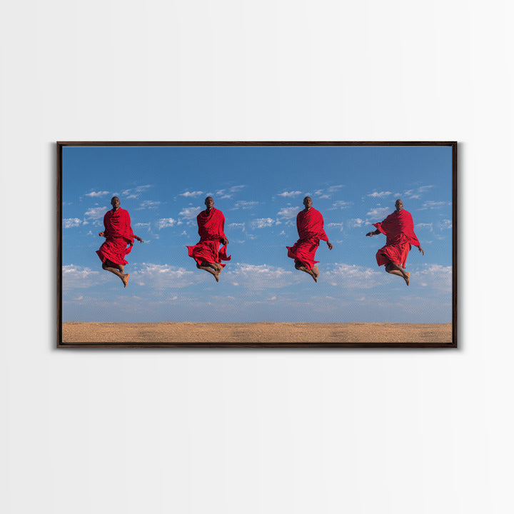 Red Maasai Warriors Jumping Canvas Print, African Safari Art, African Warrior Art, Kenya Print, Statement Wall Decor Gift