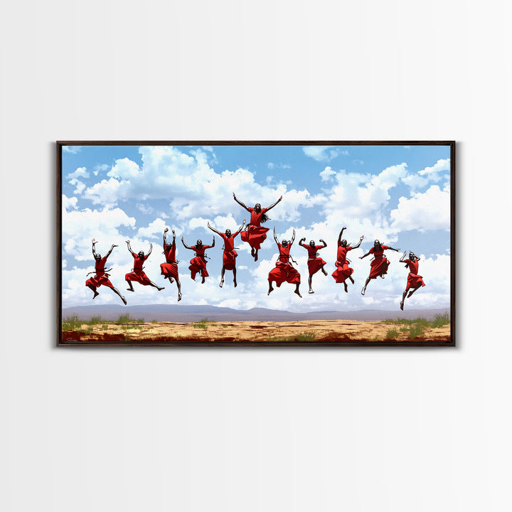 Joyful Red Dancers Under Clouds Canvas Print, African Celebration, African Women Art, Safari Decor, Colorful Wall Art Gift