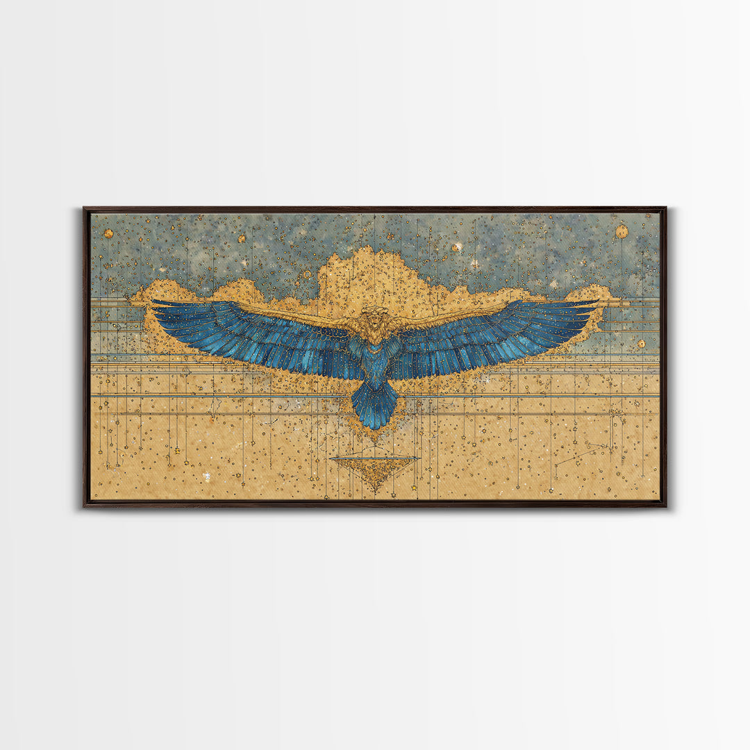 Blue Gold Winged Scarab Wall Art, African Egyptian Art, Ancient African Art, Spiritual Wall Decor, Luxury Canvas Print Gift