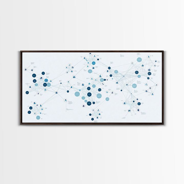 Blue Global Data Network Map Canvas Print, Abstract Wall Art, Modern Office Decor, Minimalist Technology Home Decor Gift