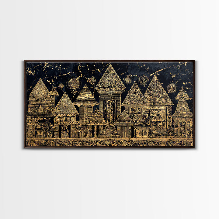 Gold Tribal Village Houses On Black Wall Art, African Tribal Art, Ancient African Art Print, Luxury Cultural Home Decor Gift