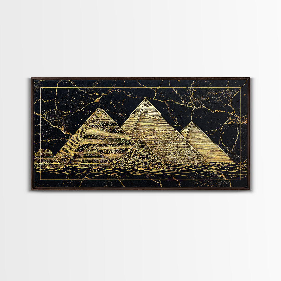 Golden Line Egyptian Pyramids Wall Art, Black Gold Canvas Print, Ancient African Artwork, Luxury Cultural Home Decor Gift