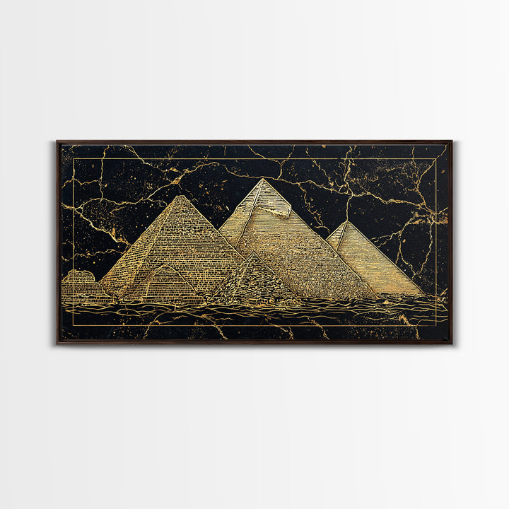 Golden Line Egyptian Pyramids Wall Art, Black Gold Canvas Print, Ancient African Artwork, Luxury Cultural Home Decor Gift