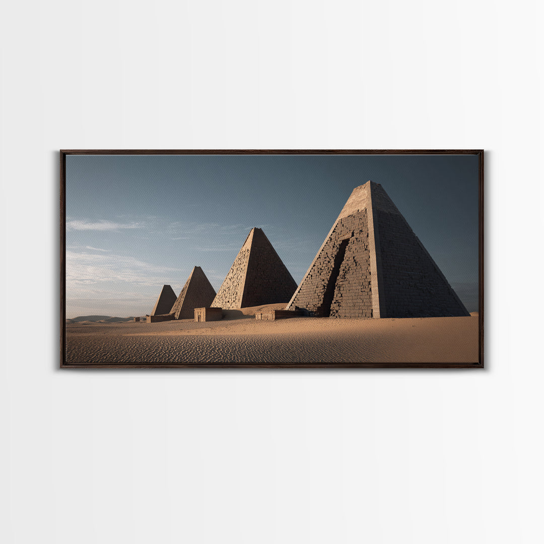 Sunlit Desert Pyramids African Landscape Framed Canvas Print, African Egyptian Art, Sahara Travel Poster, Living Room Decor