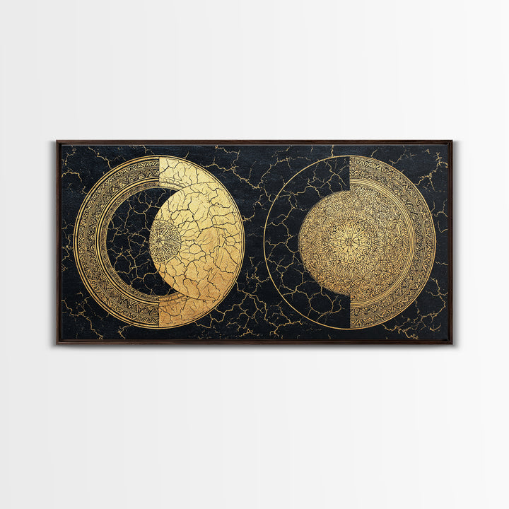 Gold Celestial Moon Phases On Cracked Black Wall Art, Abstract Art, Spiritual Wall Art, Modern Canvas Art, Home Decor Gift