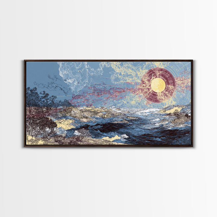 Radiant Sun Over Abstract Ocean Landscape Canvas Print, Blue Wall Art, Modern Art, Nature Scene Art, Coastal Home Decor Gift