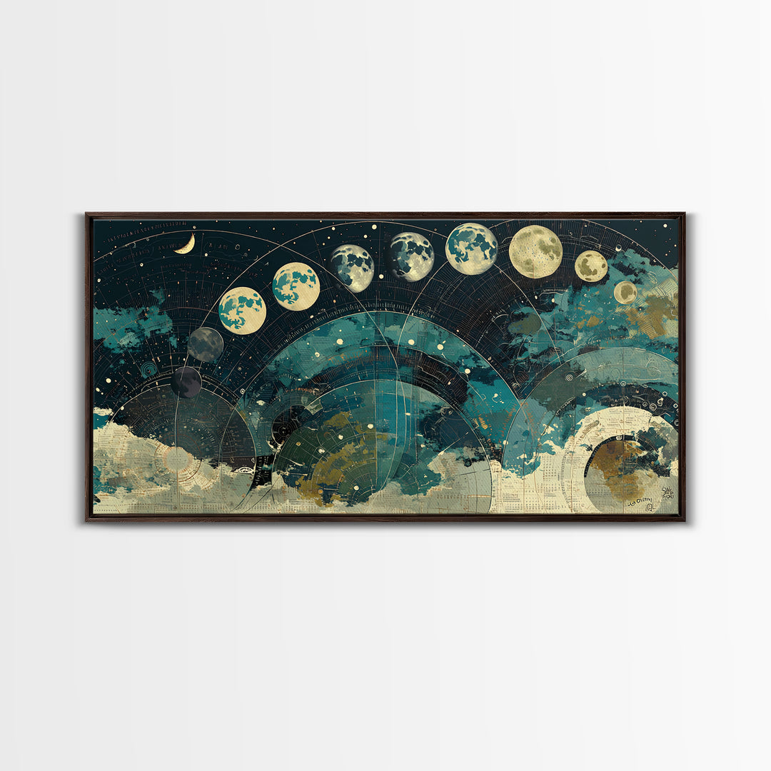 Teal Moon Phase Night Sky Celestial Wall Art, Spiritual Wall Art, Mystical Wall Art, Abstract Canvas Art, Bedroom Decor Gift