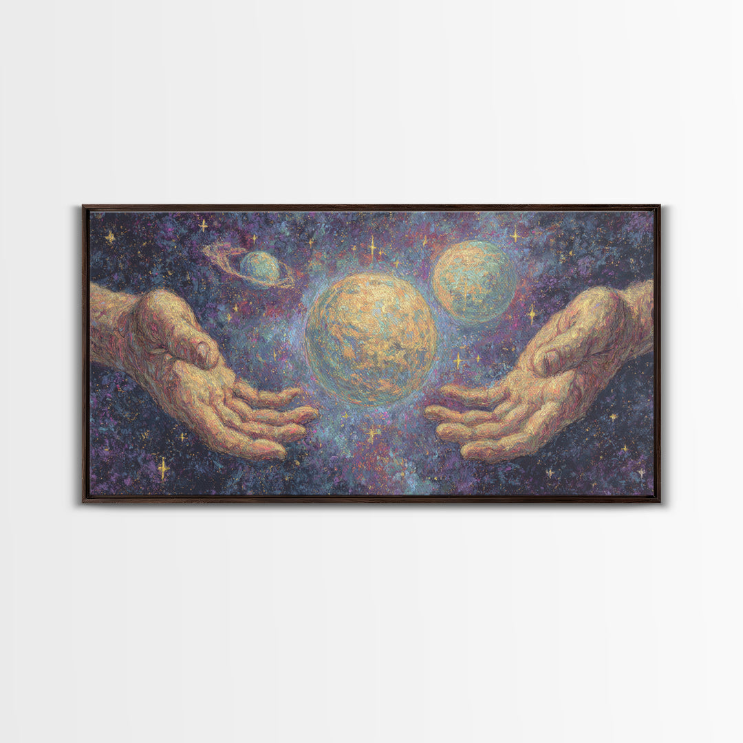 Mystical Hands Holding Planets Cosmic Wall Art, Spiritual Wall Art, Abstract Art, Dreamy Wall Art, Unique Canvas Print Home Decor