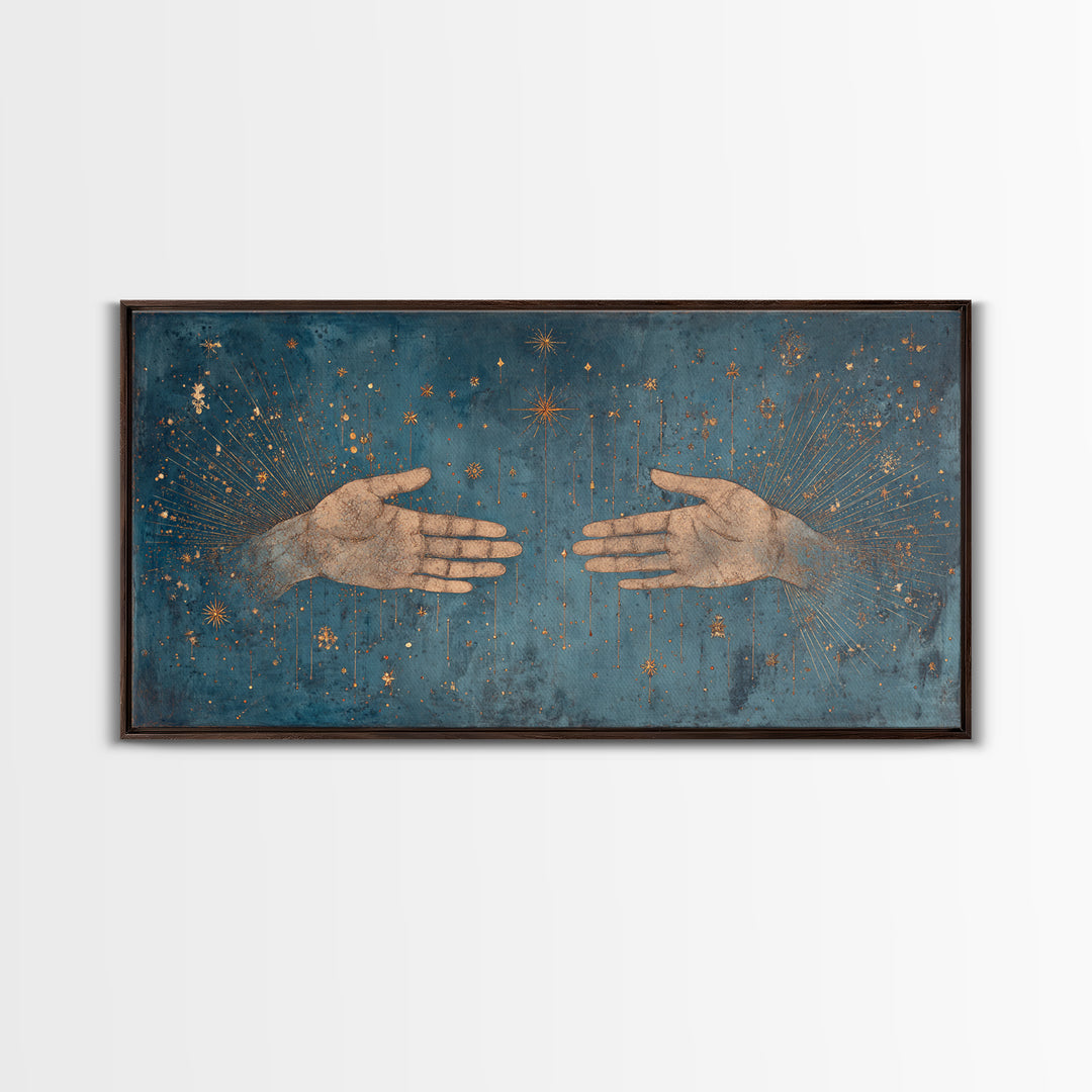 Two Open Hands With Golden Stars Teal Wall Art, Spiritual Wall Art, Mystical Wall Art, Feminine Wall Art, Unique Home Decor