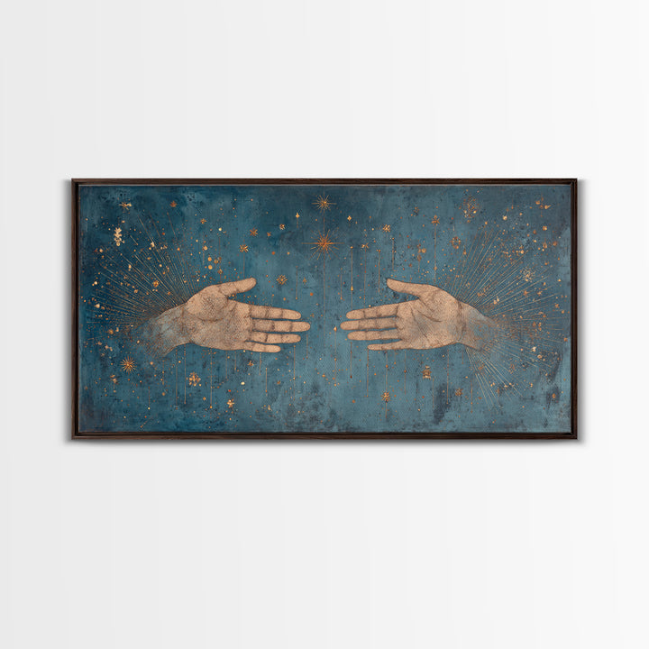 Two Open Hands With Golden Stars Teal Wall Art, Spiritual Wall Art, Mystical Wall Art, Feminine Wall Art, Unique Home Decor
