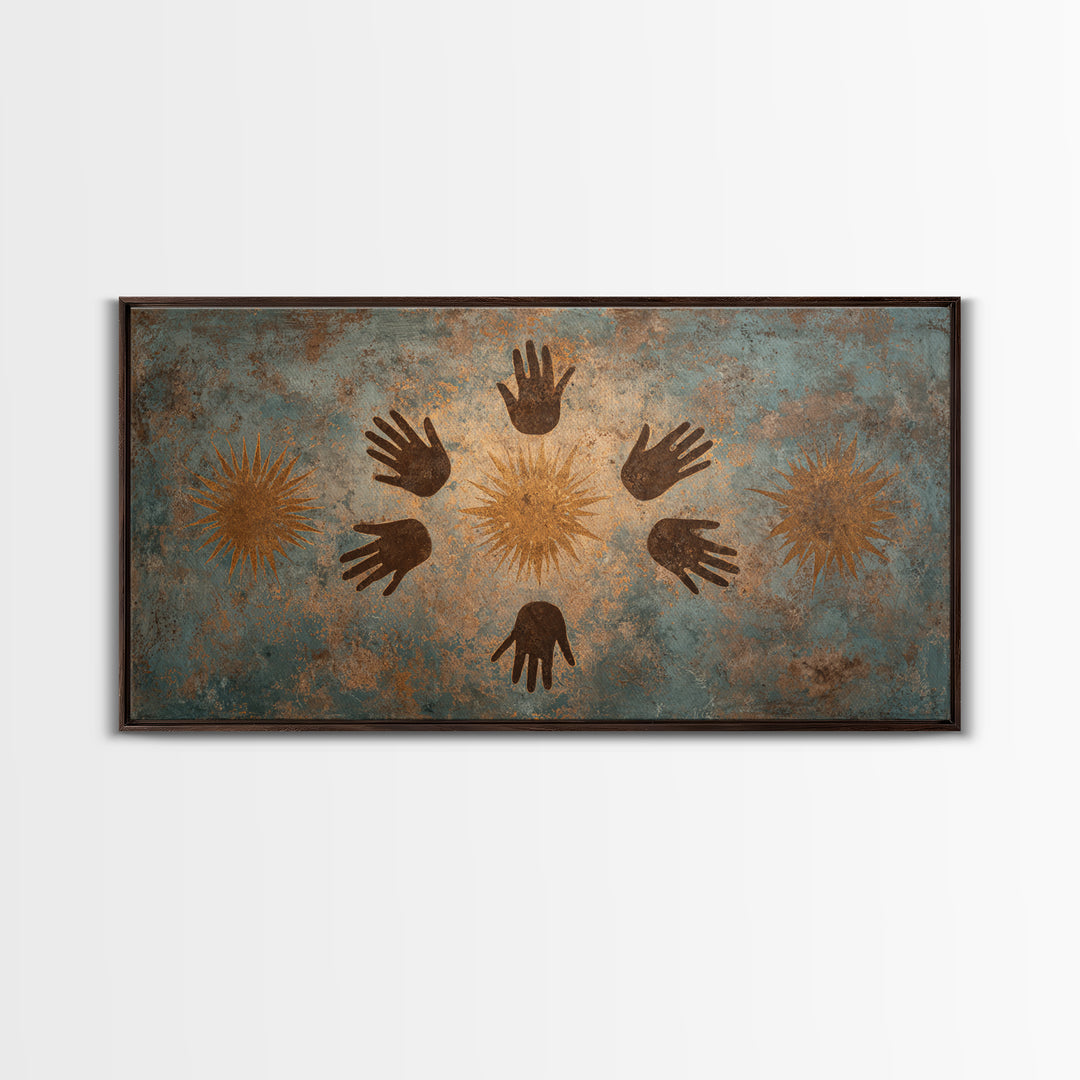 Ancient Handprint Symbols Wall Art, Tribal Abstract Painting, Earth Tone Spiritual Decor, Rustic Cultural Home Decor Gift