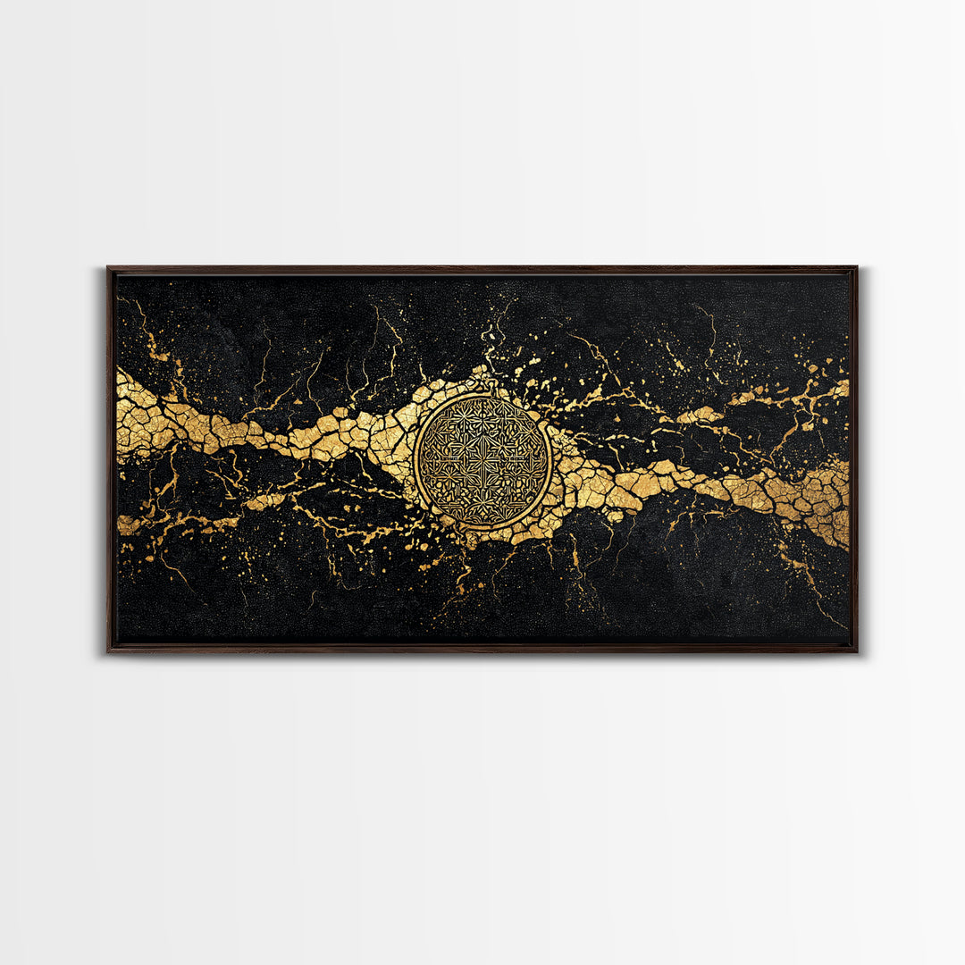 Black And Gold Medallion Canvas Print, Luxury Abstract Wall Decor, Cracked Marble Texture, Elegant Statement Home Decor Gift