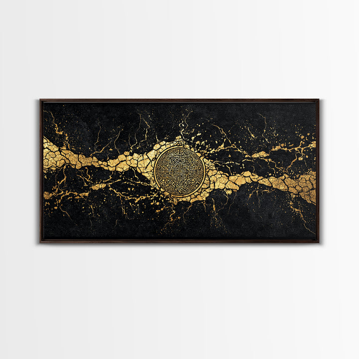 Black And Gold Medallion Canvas Print, Luxury Abstract Wall Decor, Cracked Marble Texture, Elegant Statement Home Decor Gift