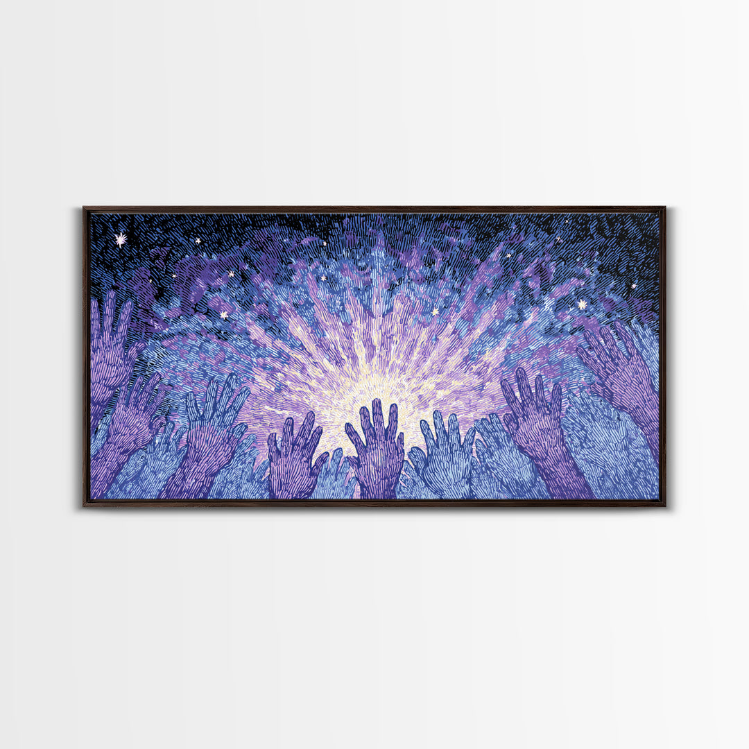Hands Reaching Toward Light Wall Art, Mystical Spiritual Canvas Decor, Blue Purple Starburst, Dreamy Meditation Gift For Home