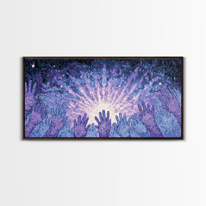 Hands Reaching Toward Light Wall Art, Mystical Spiritual Canvas Decor, Blue Purple Starburst, Dreamy Meditation Gift For Home
