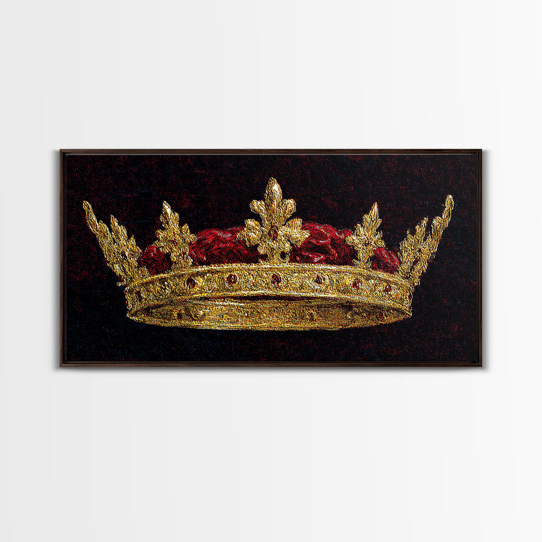 Golden Royal Crown Framed Canvas Print, Black And Gold Wall Decor, Regal Jewel Painting, Luxury Statement Home Decor Gift For Him