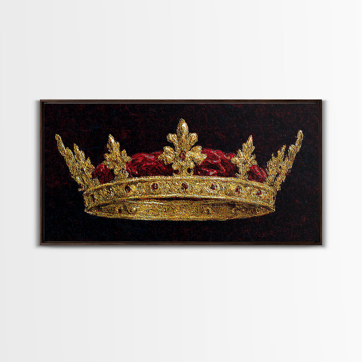 Golden Royal Crown Framed Canvas Print, Black And Gold Wall Decor, Regal Jewel Painting, Luxury Statement Home Decor Gift For Him
