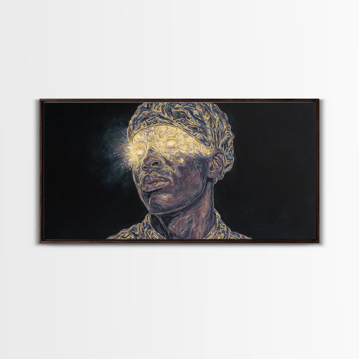 Glowing Eyed African Elder Portrait Framed Canvas Print, Visionary Black Art, Afrocentric Wall Art, Spiritual Home Decor