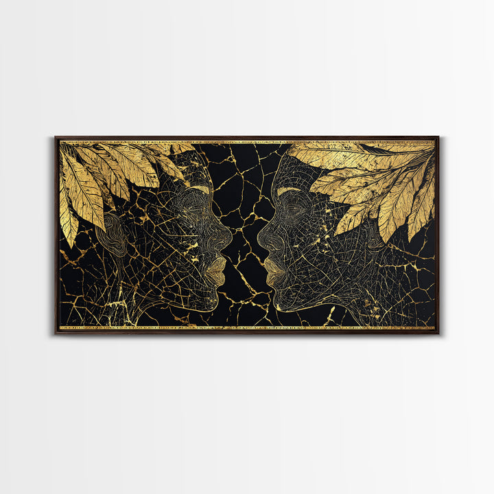 Gold Leaf African Profile Faces Wall Art, Black Gold Abstract Portrait, Afrocentric Canvas Print, Elegant Cultural Decor