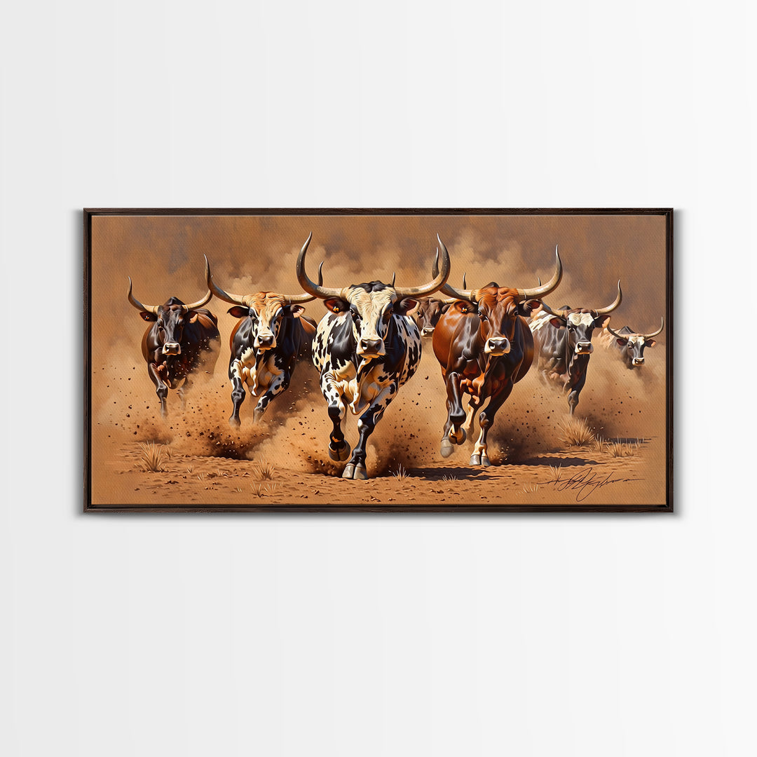 Charging Longhorn Cattle Canvas Print, African Safari Animal Art, Rustic Western Wall Art, Brown Dusty Ranch Home Decor Gift
