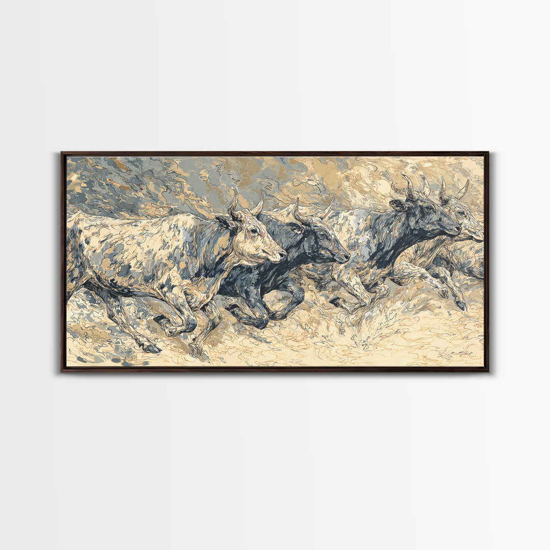 White Cattle Herd In Dusty Motion Framed Canvas Print, African Animal Art, Safari Wall Art, Beige Blue Rustic Home Decor