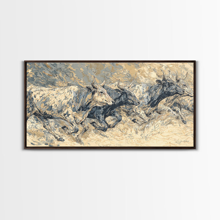 White Cattle Herd In Dusty Motion Framed Canvas Print, African Animal Art, Safari Wall Art, Beige Blue Rustic Home Decor