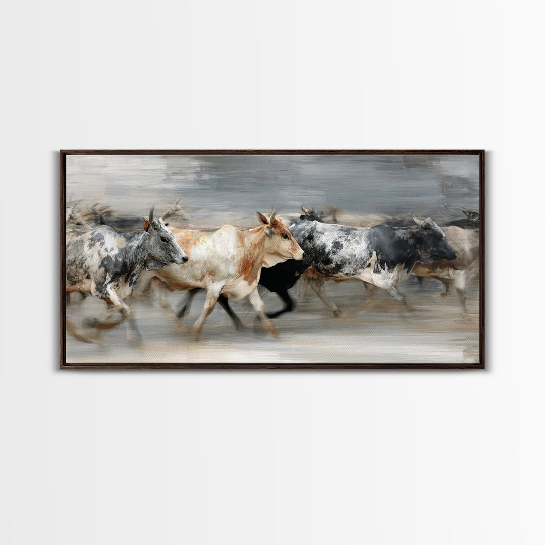 Blurred Running Cattle Herd Canvas Print, African Safari Wall Art, Modern Animal Painting, Neutral Rustic Living Room Decor