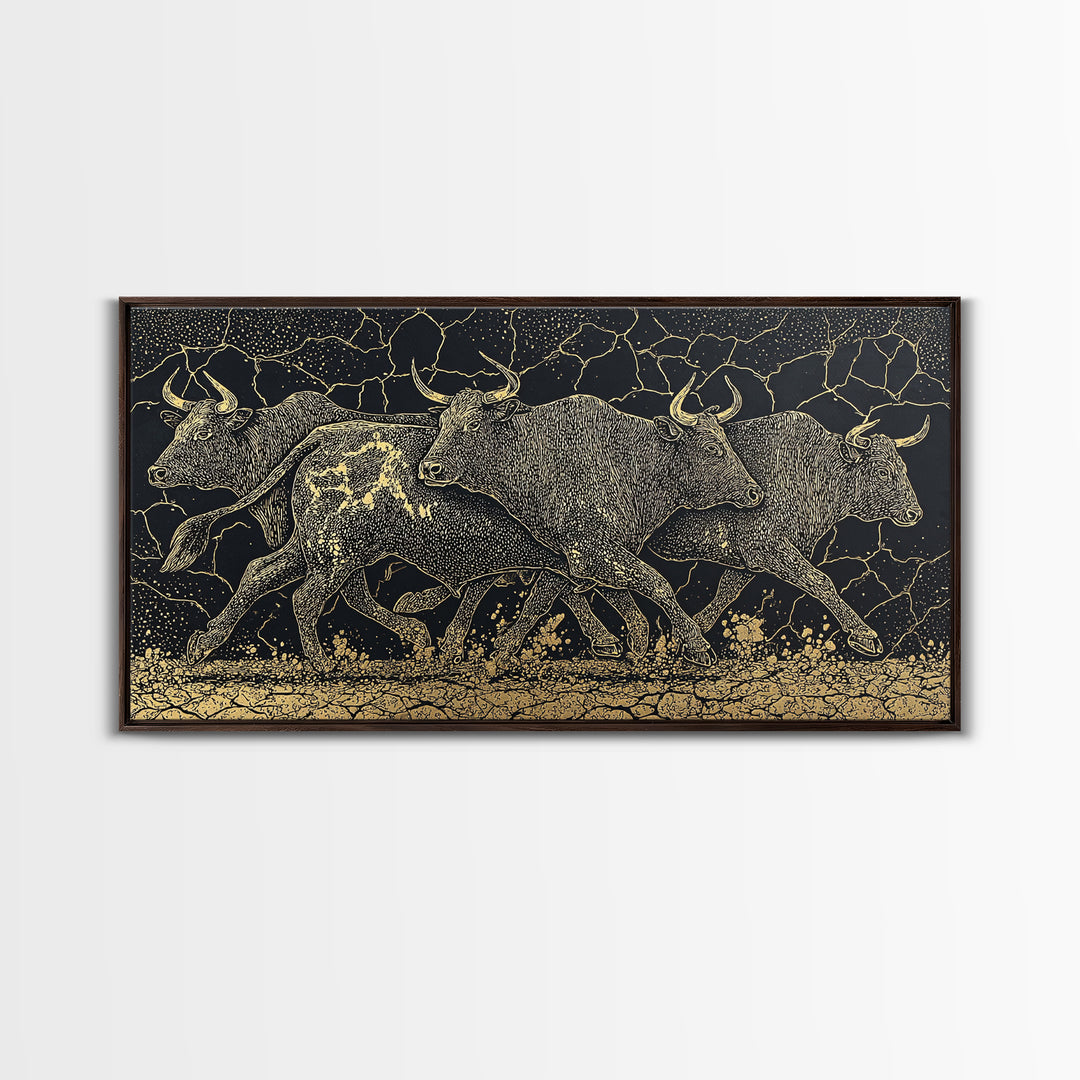 Black Gold Running Cattle Wall Art, African Animal Art, Tribal Crackle Canvas Print, Luxury Safari Decor, Statement Piece