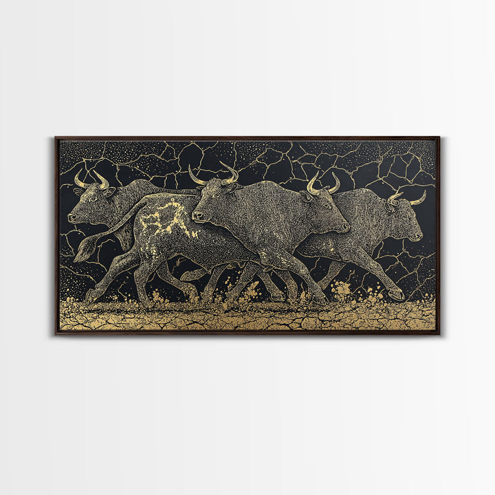Black Gold Running Cattle Wall Art, African Animal Art, Tribal Crackle Canvas Print, Luxury Safari Decor, Statement Piece