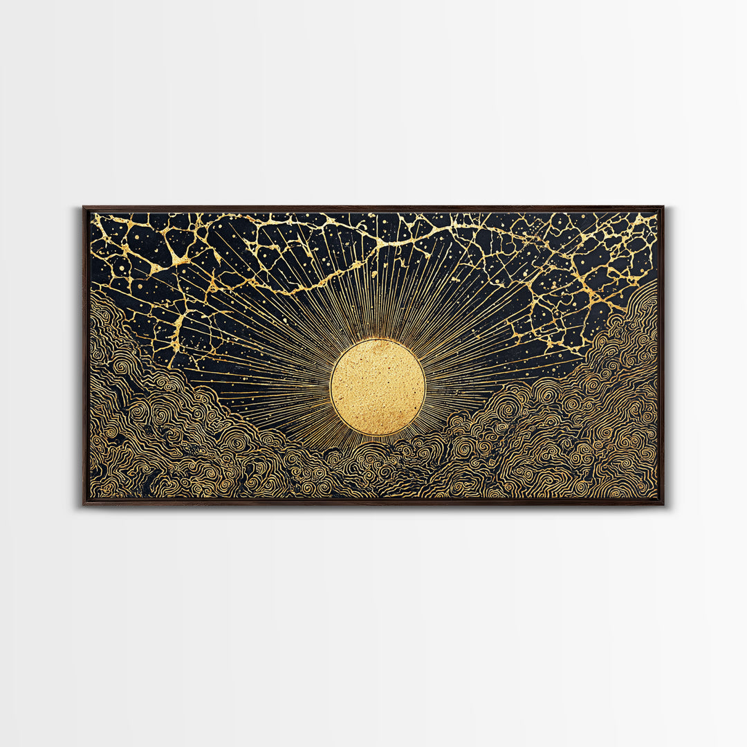 Golden Sunburst Over Black Waves Wall Art, African Inspired Abstract, Black And Gold Decor, Luxury Canvas For Living Room