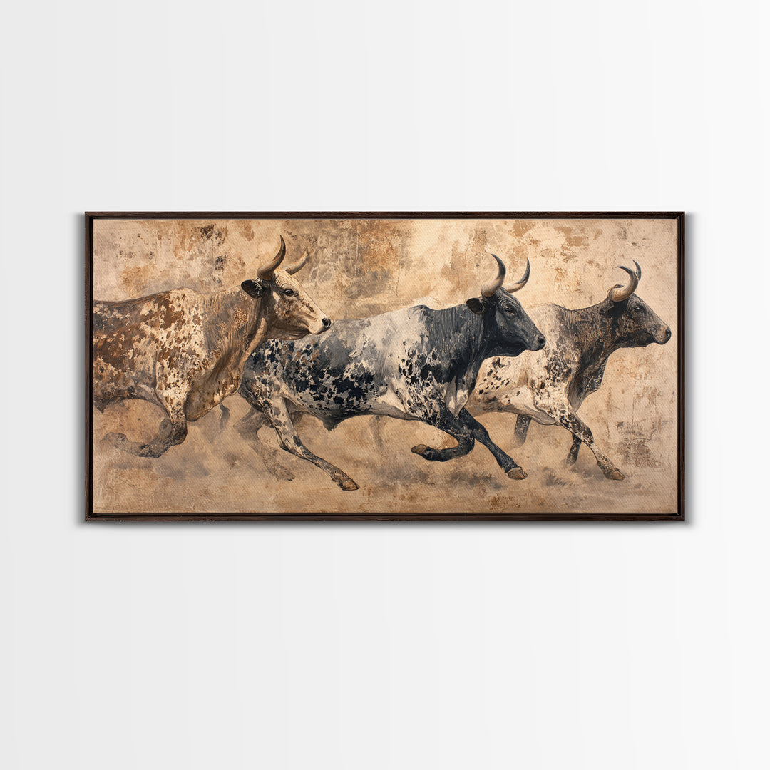 Running African Cattle Canvas Print, Rustic Safari Animal Painting, Earth Tone Wall Decor, Modern Farmhouse Home Decor, Housewarming Gift