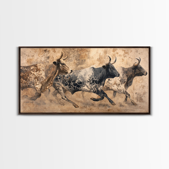 Running African Cattle Canvas Print, Rustic Safari Animal Painting, Earth Tone Wall Decor, Modern Farmhouse Home Decor, Housewarming Gift